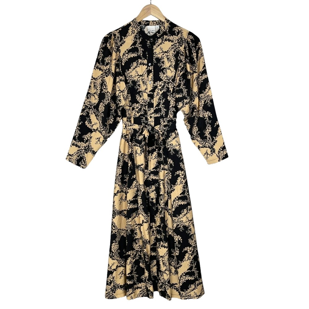 ICHI Abstract Floral Button Up Belt Midi Dress Size S Career Earthy‎ Scandi Chic